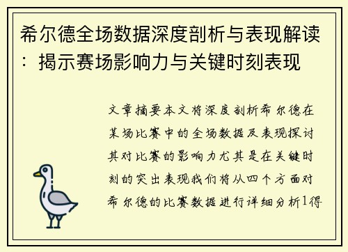 希尔德全场数据深度剖析与表现解读：揭示赛场影响力与关键时刻表现