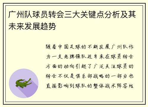 广州队球员转会三大关键点分析及其未来发展趋势