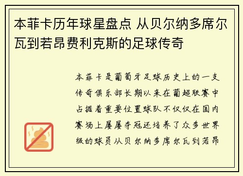 本菲卡历年球星盘点 从贝尔纳多席尔瓦到若昂费利克斯的足球传奇