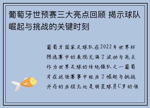 葡萄牙世预赛三大亮点回顾 揭示球队崛起与挑战的关键时刻